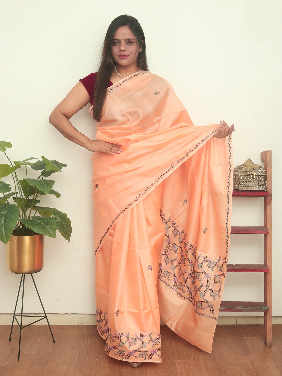 Peach Embroidered Kashmiri Sozni Work Pure Silk Saree - Luxurion World