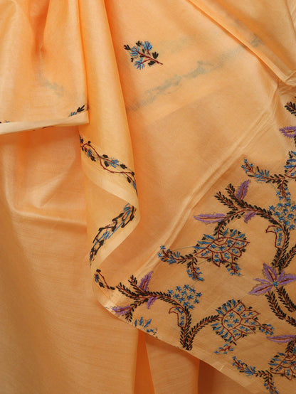 Peach Embroidered Kashmiri Sozni Work Pure Silk Saree