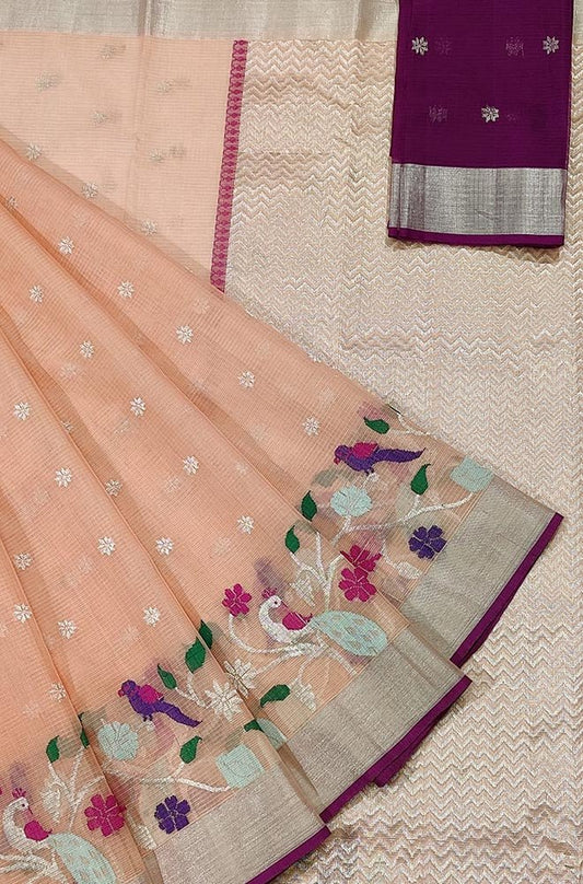 Peach Handloom Kota Doria Real Zari Saree - Luxurion World