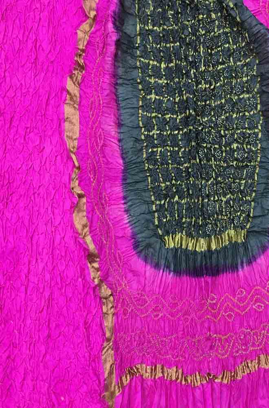 Pink And Black Bandhani Pure Silk Three Piece Unstitched Suit Set - Luxurion World