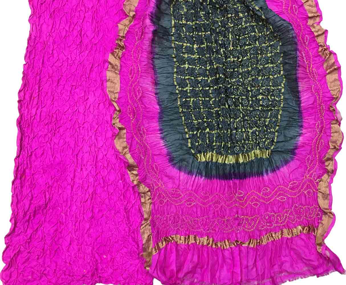 Pink And Black Bandhani Pure Silk Three Piece Unstitched Suit Set - Luxurion World