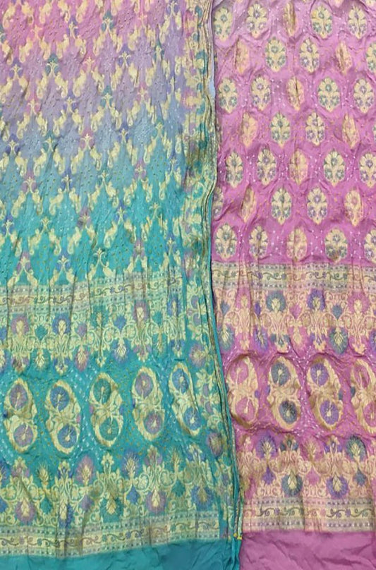 Pink And Blue Banarasi Bandhani Pure Georgette Three Piece Unstitched Suit Set - Luxurion World