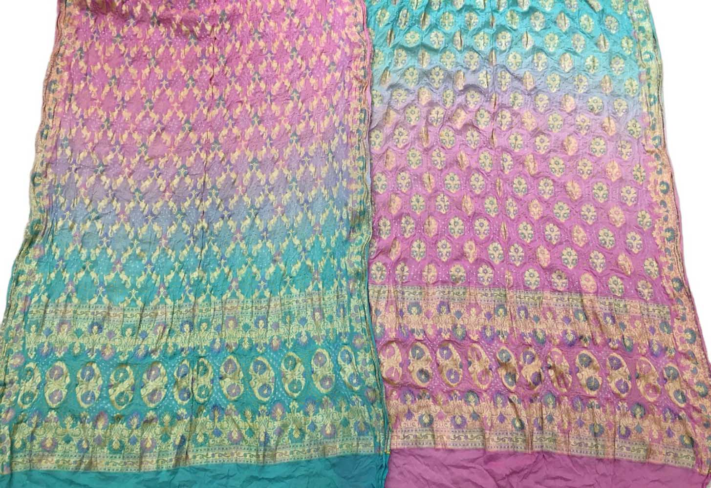 Pink And Blue Banarasi Bandhani Pure Georgette Three Piece Unstitched Suit Set - Luxurion World