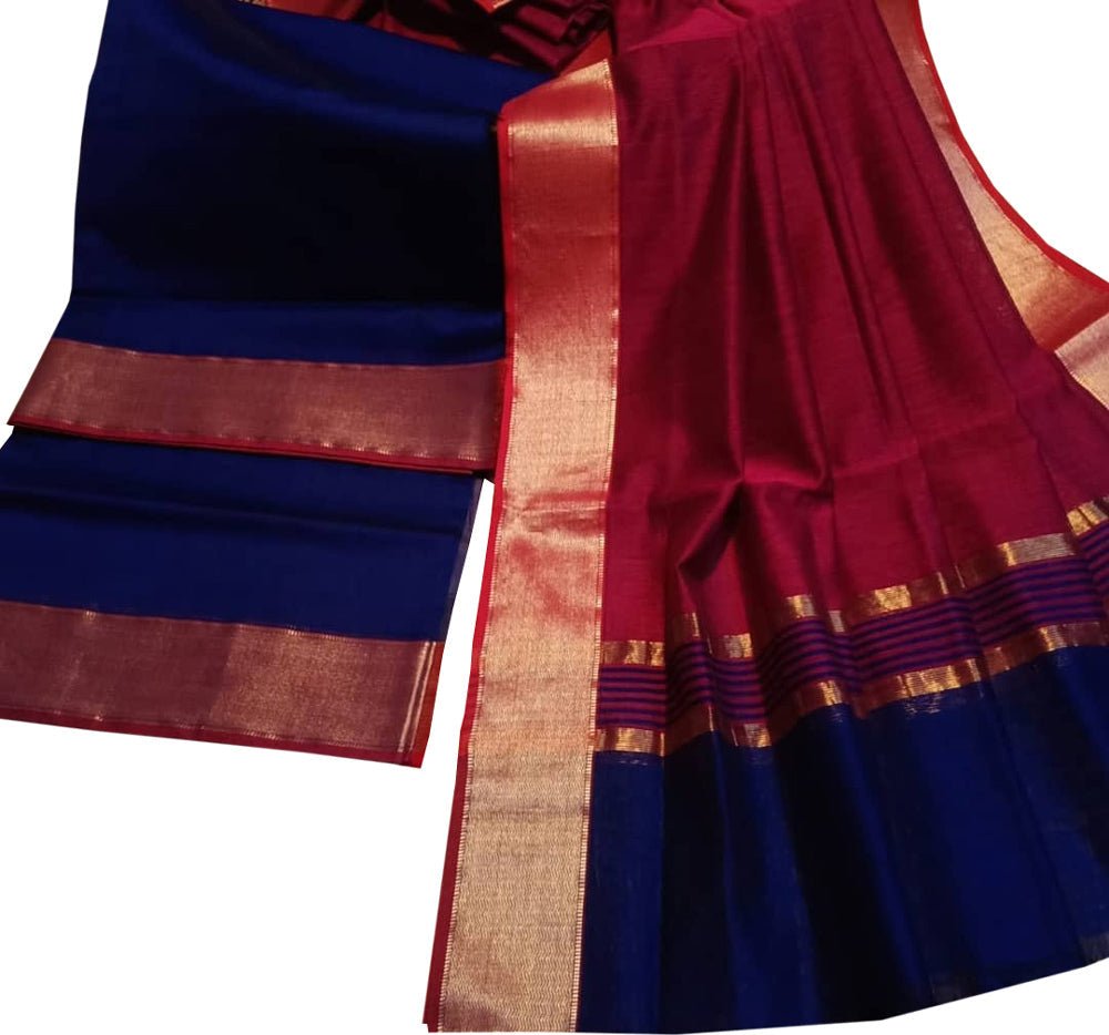 Pink And Blue Handloom Maheshwari Cotton Silk Two Piece Unstitched Suit Set - Luxurion World