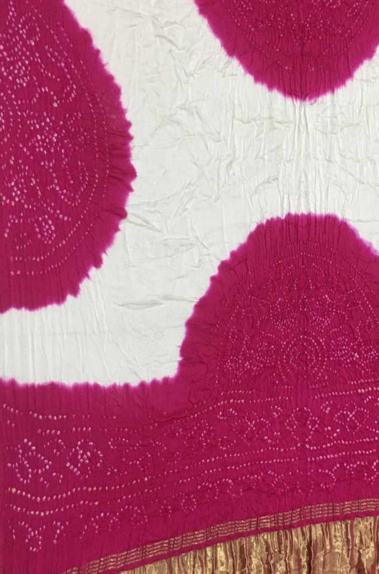 Pink And Off White Bandhani Pure Gajji Silk Dupatta - Luxurion World