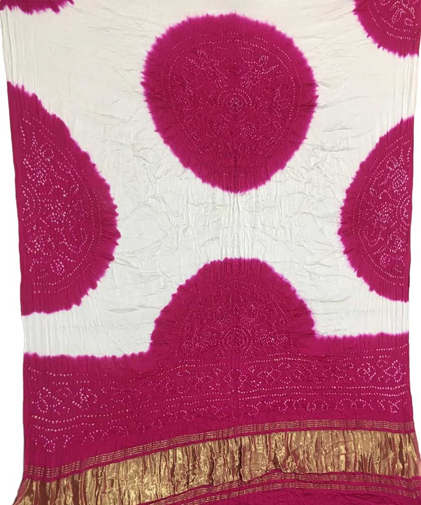 Pink And Off White Bandhani Pure Gajji Silk Dupatta - Luxurion World
