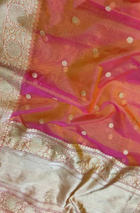 Pink And Orange Handloom Banarasi Pure Kora Silk Saree - Luxurion World