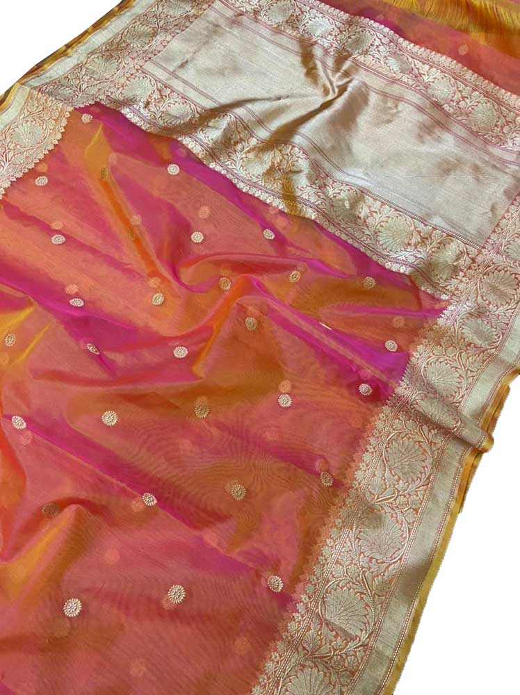 Pink And Orange Handloom Banarasi Pure Kora Silk Saree - Luxurion World