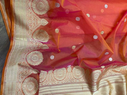 Pink And Orange Shot Handloom Banarasi Pure Kora Silk Sona Roopa Saree - Luxurion World