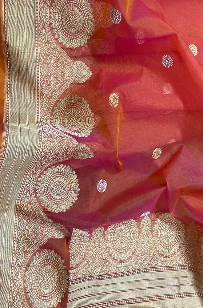 Pink And Orange Shot Handloom Banarasi Pure Kora Silk Sona Roopa Saree