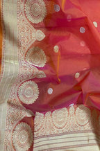 Pink And Orange Shot Handloom Banarasi Pure Kora Silk Sona Roopa Saree - Luxurion World