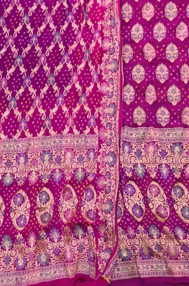 Pink And Purple Banarasi Bandhani Pure Georgette Three Piece Unstitched Suit Set - Luxurion World
