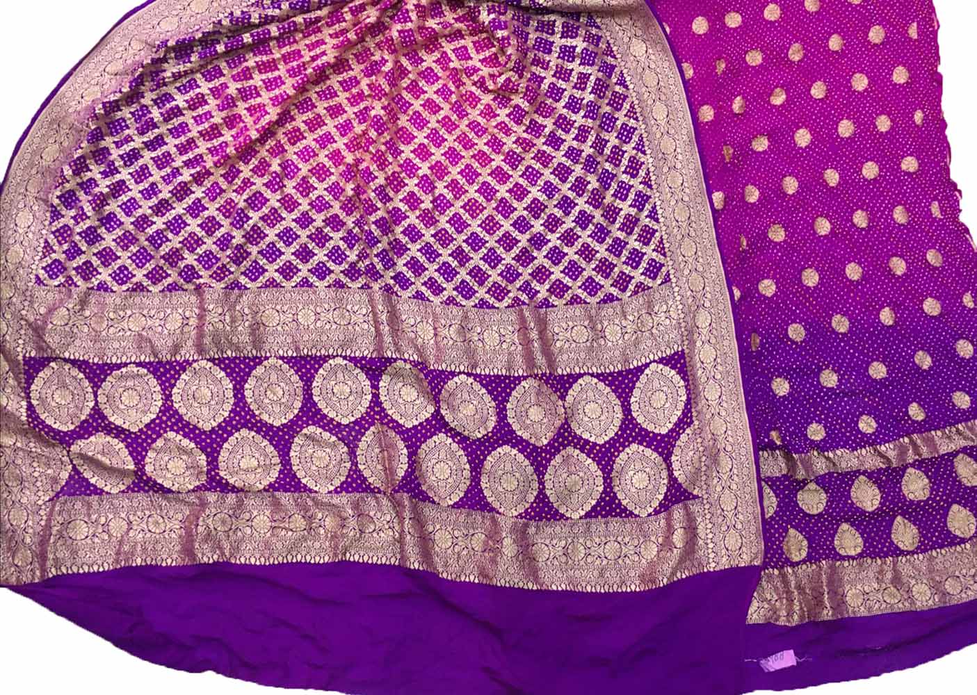 Pink And Purple Banarasi Bandhani Pure Georgette Three Piece Unstitched Suit Set - Luxurion World