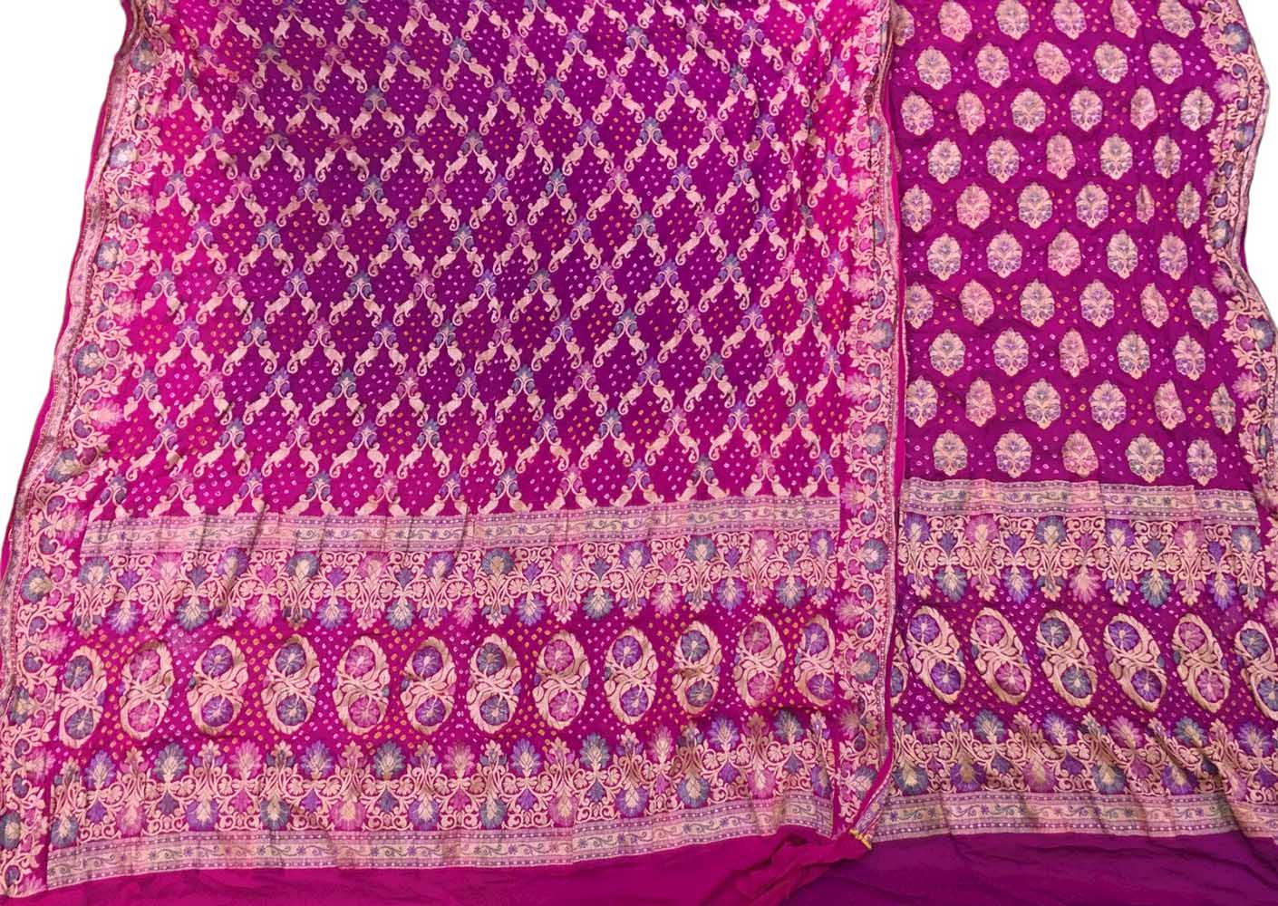 Pink And Purple Banarasi Bandhani Pure Georgette Three Piece Unstitched Suit Set Luxurionworld