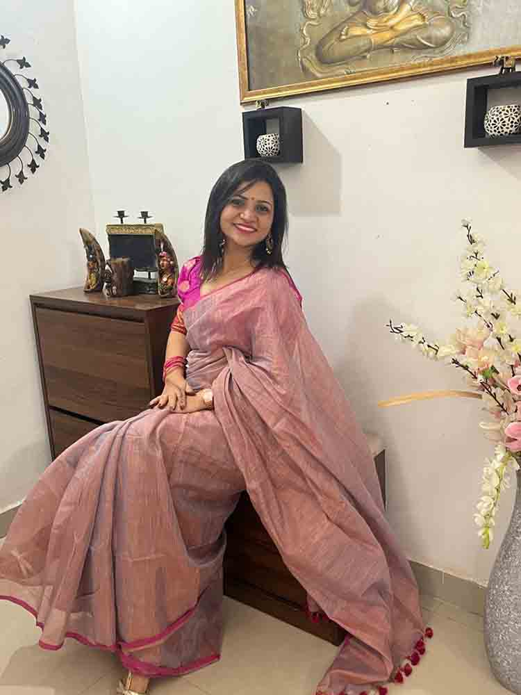 Pink And Purple Bengal Plain Tissue Cotton Saree - Luxurion World