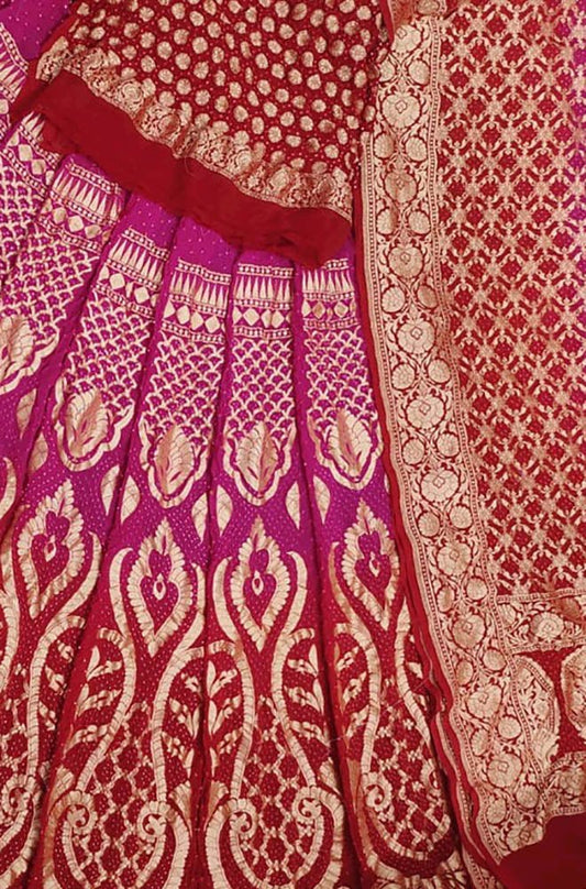 Pink And Red Banarasi Bandhani Pure Georgette Unstitched Lehenga Set - Luxurion World