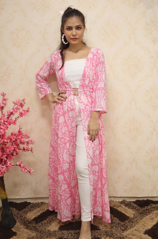 Pink And White Pure Cotton Block Printed Full Length Jacket - Luxurion World