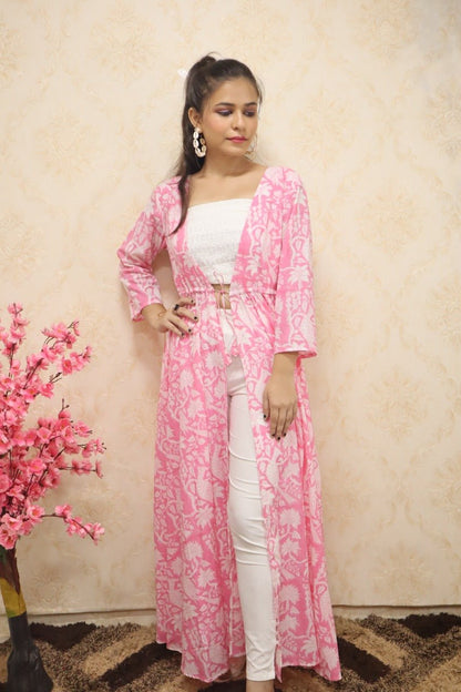 Pink And White Pure Cotton Block Printed Full Length Jacket