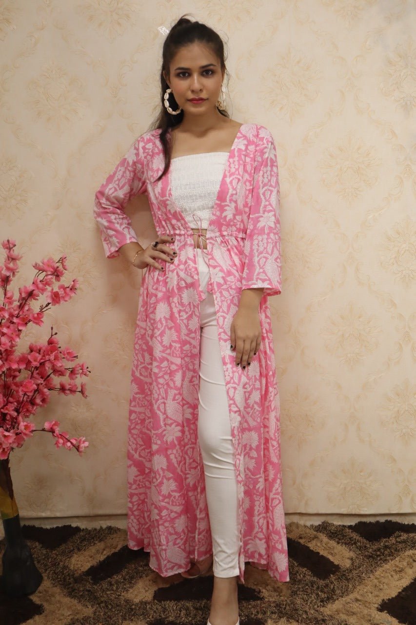 Pink And White Pure Cotton Block Printed Full Length Jacket - Luxurion World