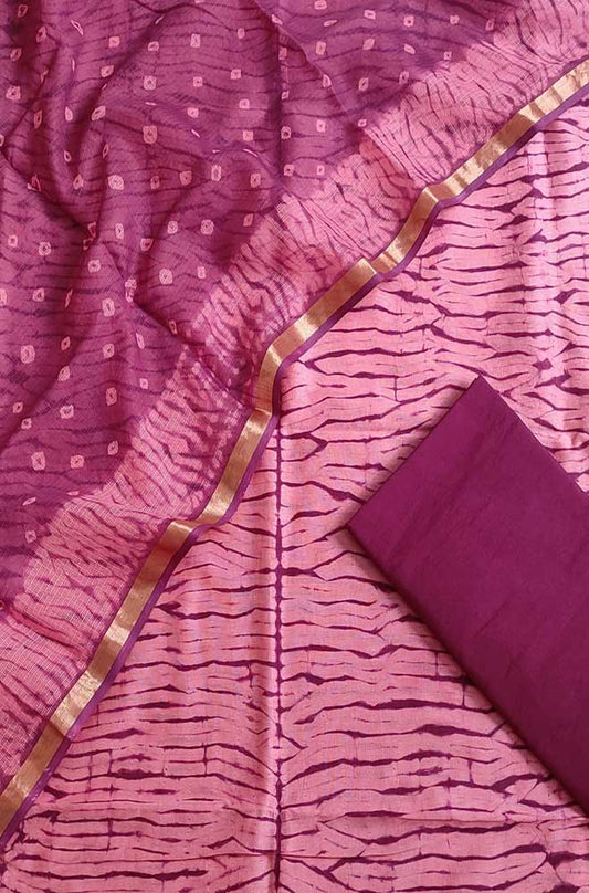 Pink Banarasi Bandhani Chanderi Silk Three Piece Unstitched Suit Set - Luxurion World