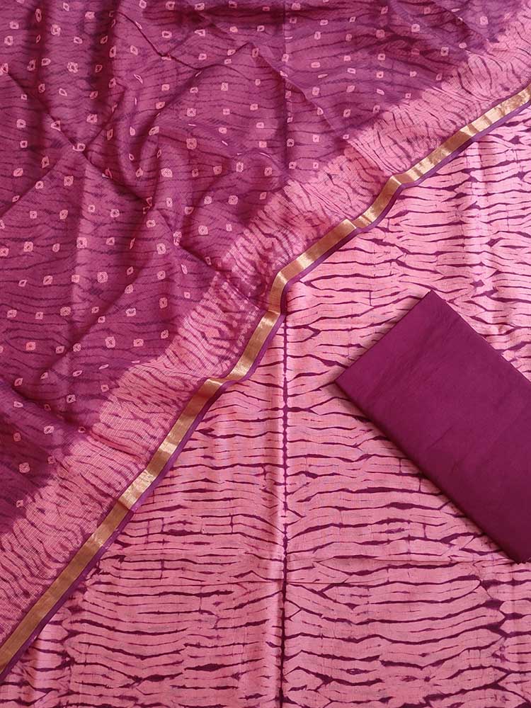 Pink Banarasi Bandhani Chanderi Silk Three Piece Unstitched Suit Set - Luxurion World