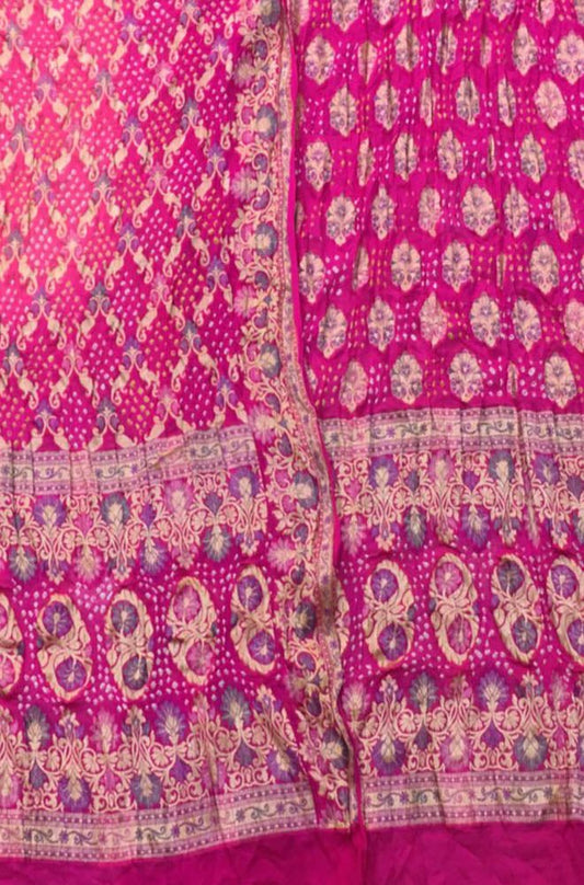 Pink Banarasi Bandhani Pure Georgette Three Piece Unstitched Suit Set - Luxurion World