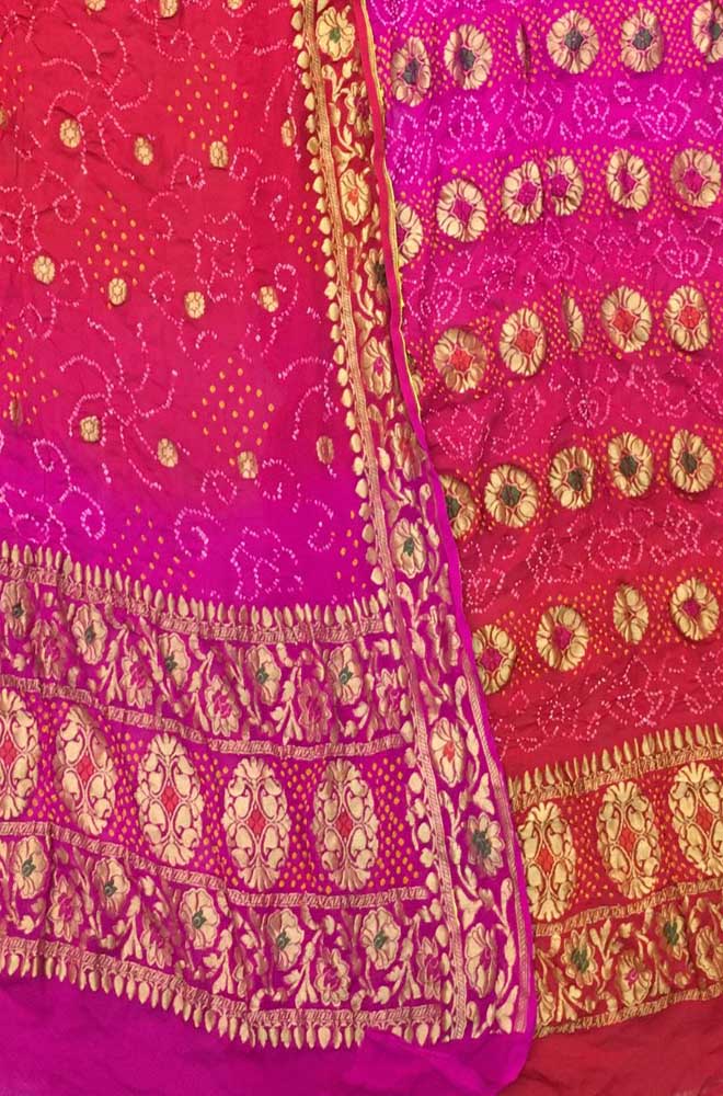 Pink Banarasi Bandhani Pure Georgette Three Piece Unstitched Suit Set - Luxurion World