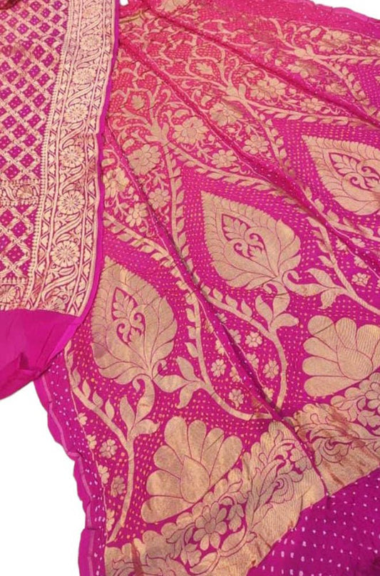Pink Banarasi Bandhani Pure Georgette Unstitched Lehenga Set - Luxurion World