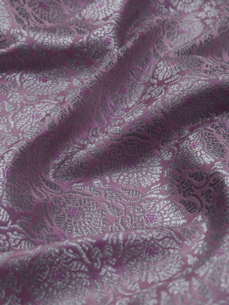 Pink Banarasi Brocade Silk Silver Zari Fabric ( 1Mtr )