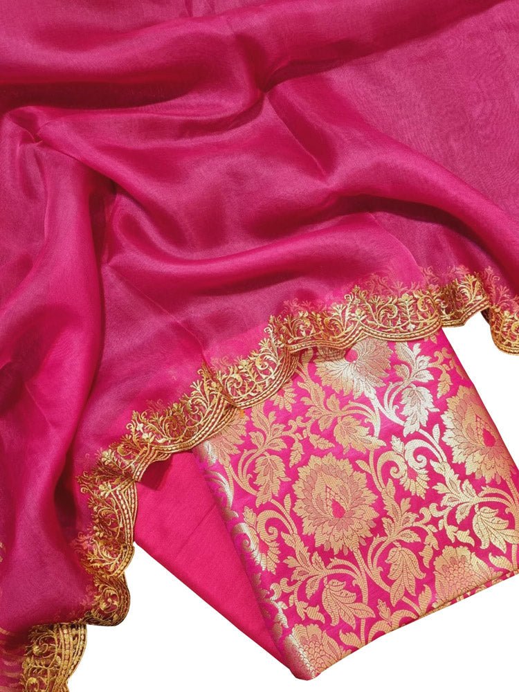 Pink Banarasi Brocade Silk Three Piece Unstitched Suit Set With Embroidered Dupatta - Luxurion World