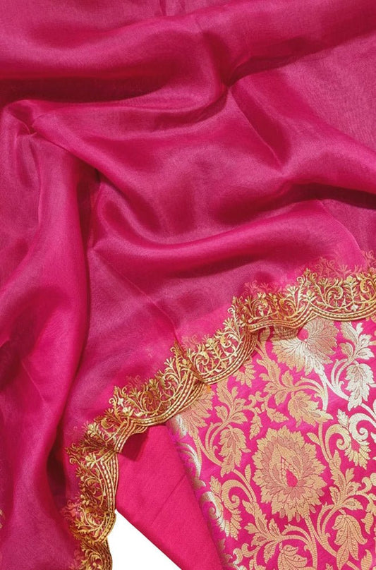 Pink Banarasi Brocade Silk Three Piece Unstitched Suit Set With Embroidered Dupatta - Luxurion World