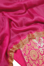 Pink Banarasi Brocade Silk Three Piece Unstitched Suit Set With Embroidered Dupatta - Luxurion World
