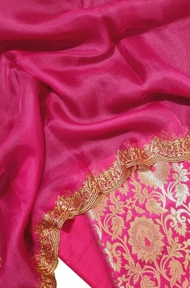 Pink Banarasi Brocade Silk Three Piece Unstitched Suit Set With Embroidered Dupatta - Luxurion World
