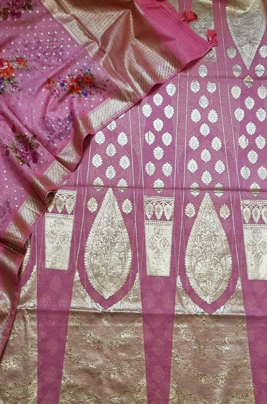 Pink Banarasi Chanderi Silk Unstitched Lehenga Set - Luxurion World