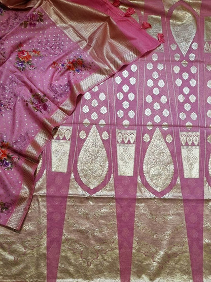 Pink Banarasi Chanderi Silk Unstitched Lehenga Set