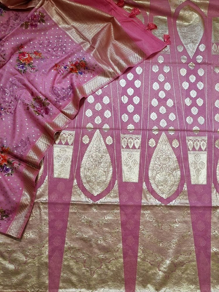 Pink Banarasi Chanderi Silk Unstitched Lehenga Set - Luxurion World