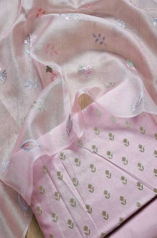 Pink Banarasi Chiniya Silk Three Piece Unstitched Suit Set - Luxurion World