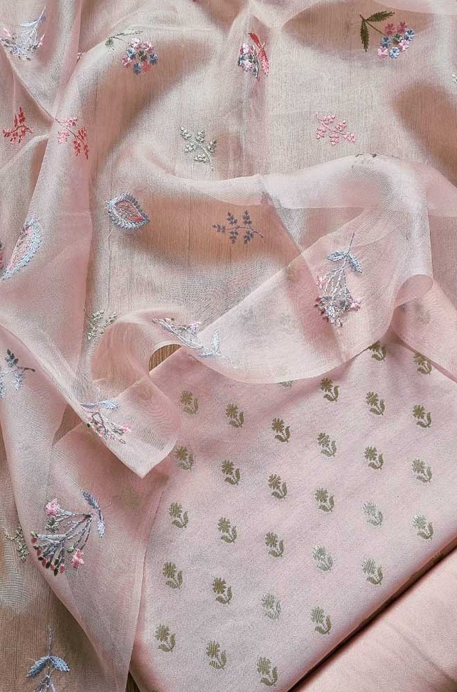Pink Banarasi Chiniya Silk Three Piece Unstitched Suit Set