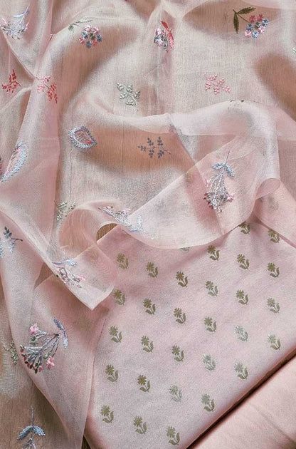 Pink Banarasi Chiniya Silk Three Piece Unstitched Suit Set