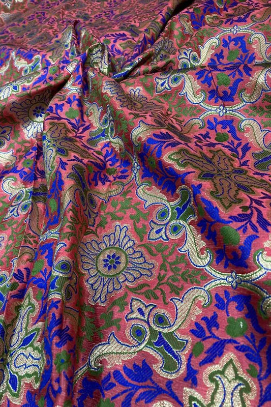 Pink Banarasi Kimkhwab Silk Fabric  ( 1 Mtr ) - Luxurion World