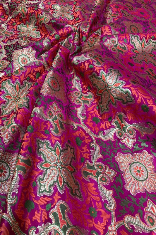 Pink Banarasi Kimkhwab Silk Fabric  ( 1 Mtr ) - Luxurion World