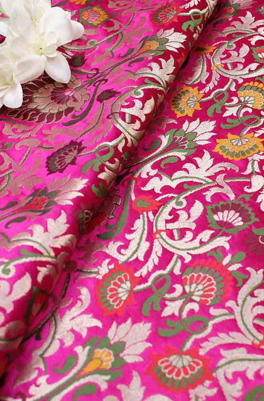 Exquisite Pink Banarasi Kimkhwab Silk Meenakari Fabric - 1 Mtr