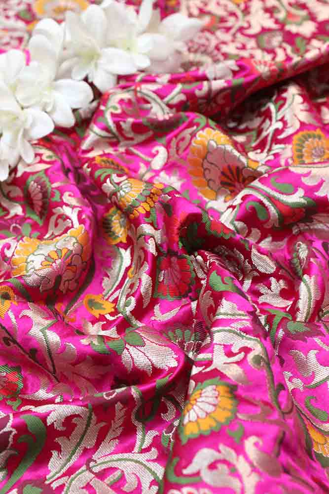 Exquisite Pink Banarasi Kimkhwab Silk Meenakari Fabric - 1 Mtr - Luxurion World