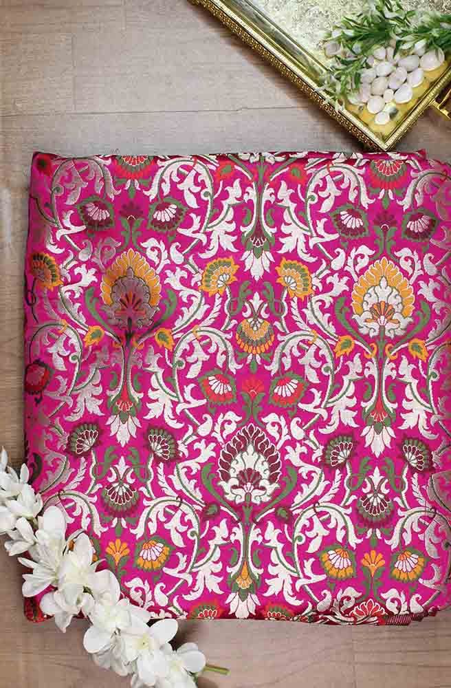 Exquisite Pink Banarasi Kimkhwab Silk Meenakari Fabric - 1 Mtr - Luxurion World