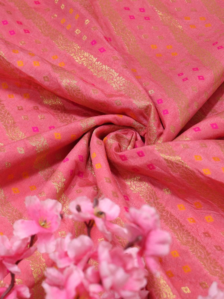 Pink Banarasi Meenakari Bandhani Design Silk Fabric ( 1 Mtr ) - Luxurion World