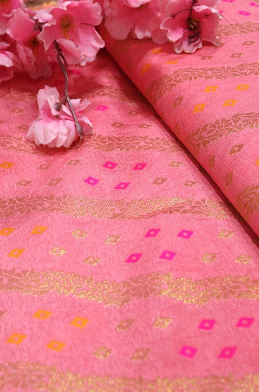 Pink Banarasi Meenakari Bandhani Design Silk Fabric ( 1 Mtr ) - Luxurion World