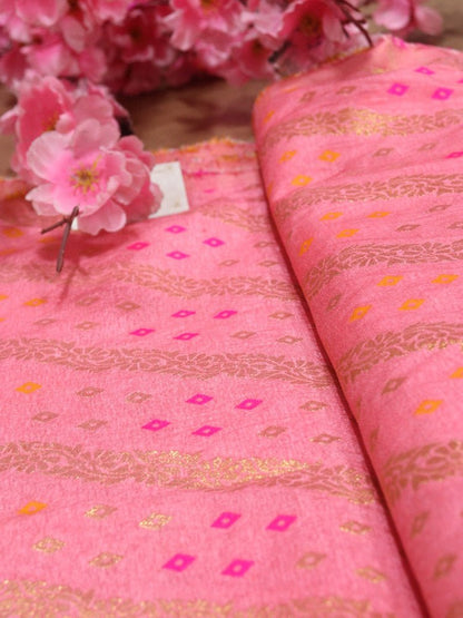 Pink Banarasi Meenakari Bandhani Design Silk Fabric ( 1 Mtr )