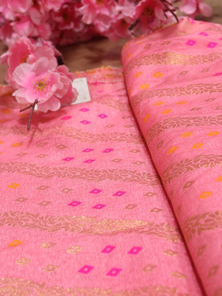 Pink Banarasi Meenakari Bandhani Design Silk Fabric ( 1 Mtr ) - Luxurion World