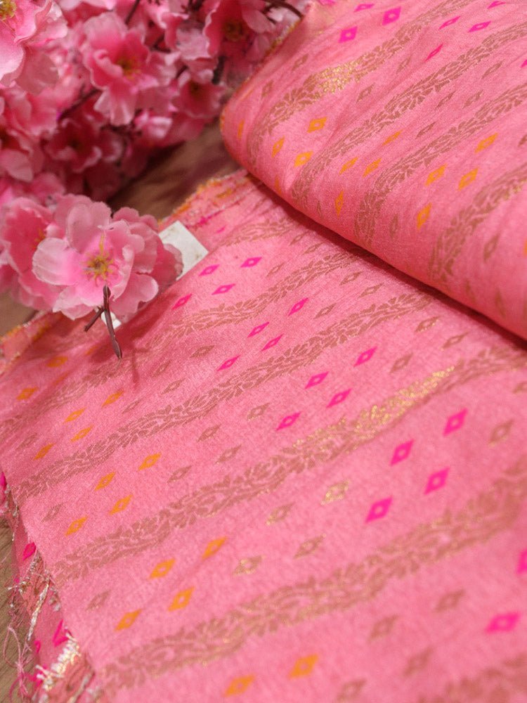 Pink Banarasi Meenakari Bandhani Design Silk Fabric ( 1 Mtr ) - Luxurion World