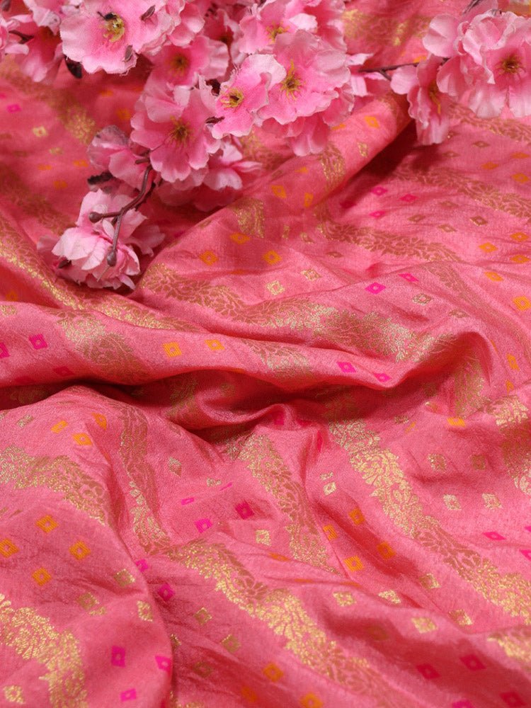 Pink Banarasi Meenakari Bandhani Design Silk Fabric ( 1 Mtr ) - Luxurion World